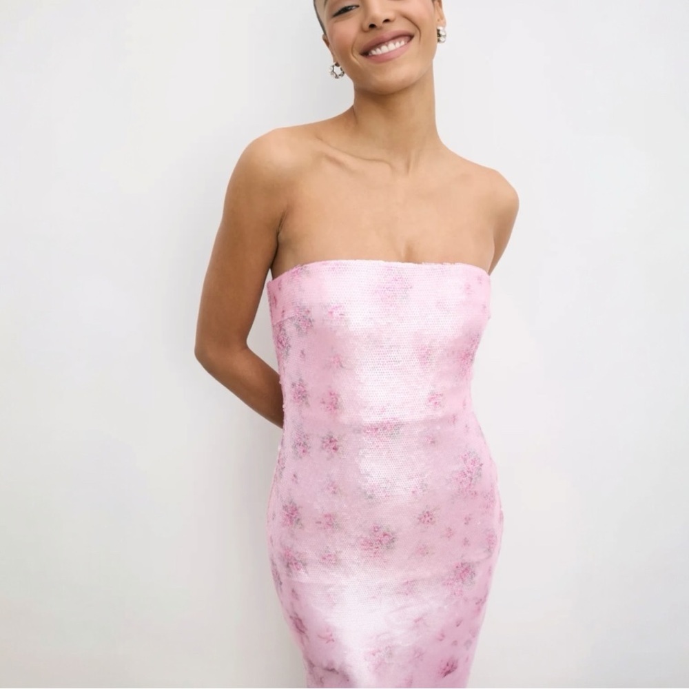 LoveShackFancy Stasia Sequin Floral Strapless Pink Cocktail Midi Dress NEW - Picture 4 of 15